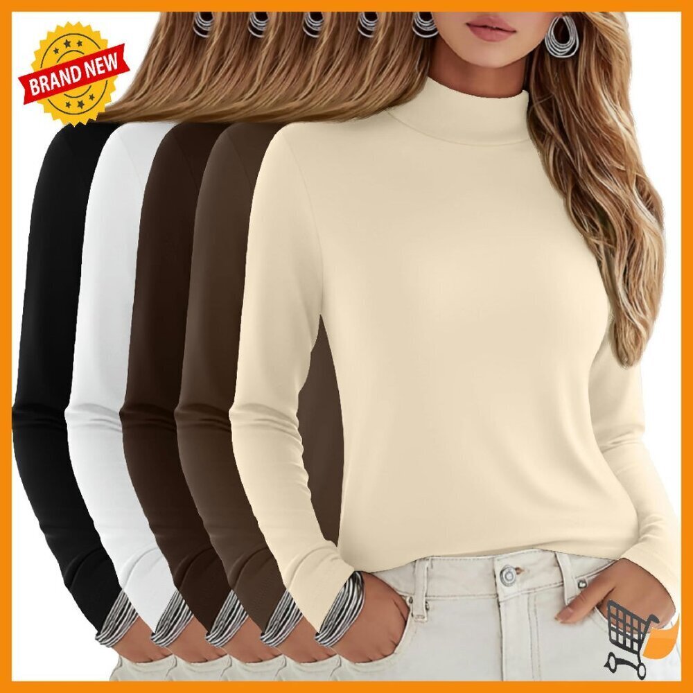 Women's Slim Fit Mock Turtleneck Long Sleeve Tees 5 Pack Cotton Blend